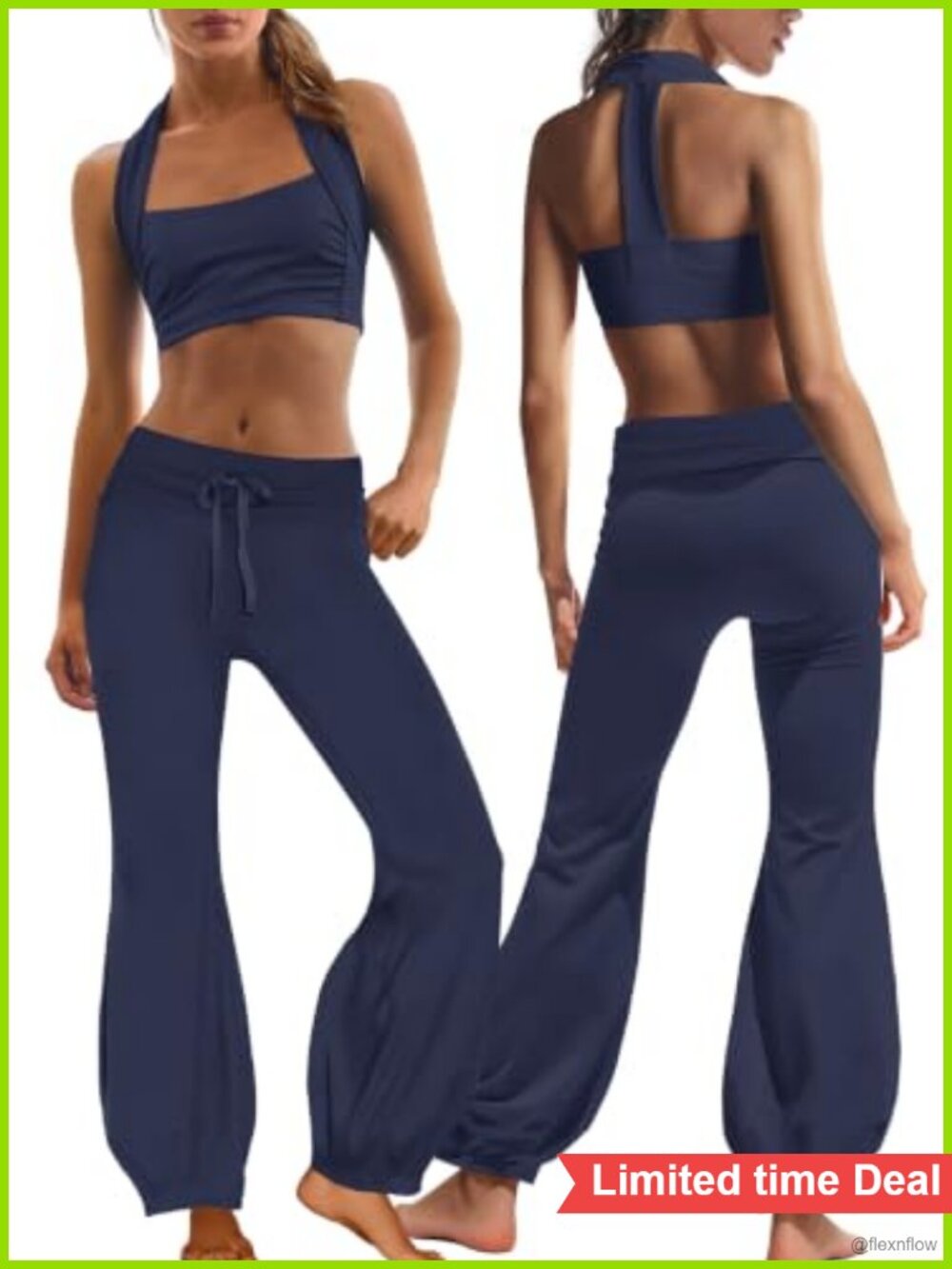 Womens 2 Piece Workout Set Halter Sports Bra Fold Over Flare Pants